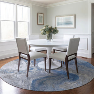 HomeRoots 5' Blue and Ivory Abstract Area Rug - Washable, Durable Indoor-Outdoor Design for Modern Spaces 8' Round 617622