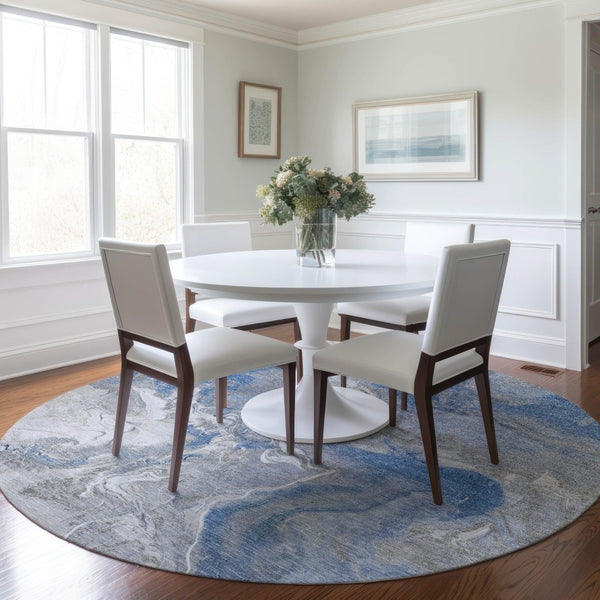 HomeRoots 5' Blue and Ivory Abstract Area Rug - Washable, Durable Indoor-Outdoor Design for Modern Spaces 8' Round 617622