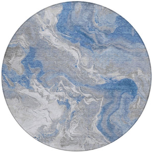 HomeRoots 5' Blue and Ivory Abstract Area Rug - Washable, Durable Indoor-Outdoor Design for Modern Spaces 8' Round 617622