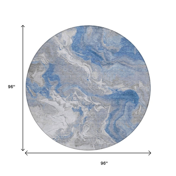 HomeRoots 5' Blue and Ivory Abstract Area Rug - Washable, Durable Indoor-Outdoor Design for Modern Spaces 8' Round 617622