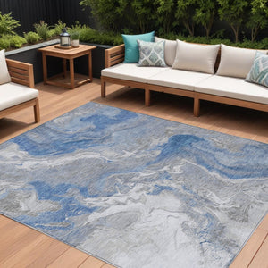 HomeRoots 5' Blue and Ivory Abstract Area Rug - Washable, Durable Indoor-Outdoor Design for Modern Spaces 10' X 14' 617625