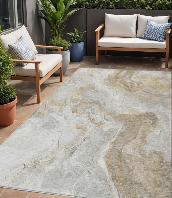 HomeRoots 5' Ivory and Beige Abstract Washable Area Rug - Durable, Stylish, and Perfect for Indoor/Outdoor Use 5' X 8' 617633