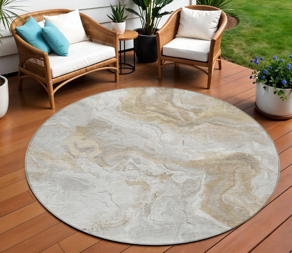 HomeRoots 5' Ivory and Beige Abstract Washable Area Rug - Durable, Stylish, and Perfect for Indoor/Outdoor Use 8' Round 617634