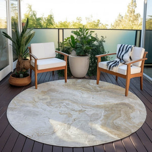 HomeRoots 5' Ivory and Beige Abstract Washable Area Rug - Durable, Stylish, and Perfect for Indoor/Outdoor Use 8' Round 617634