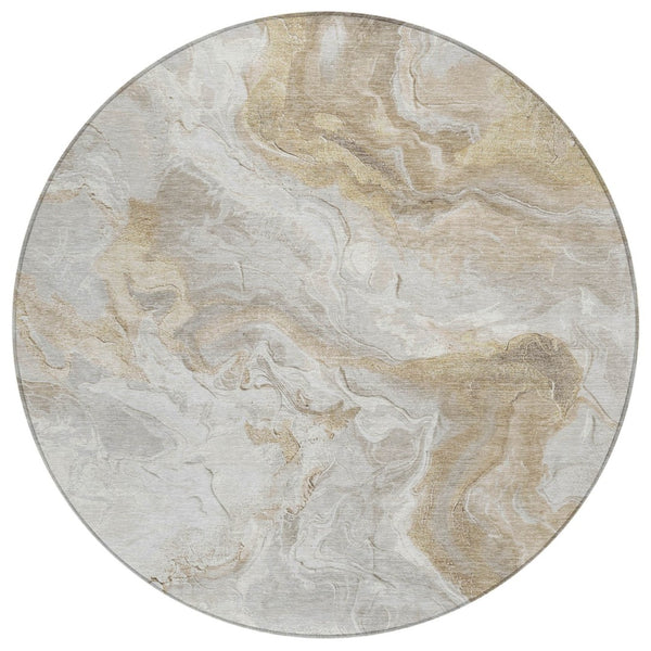 HomeRoots 5' Ivory and Beige Abstract Washable Area Rug - Durable, Stylish, and Perfect for Indoor/Outdoor Use 8' Round 617634