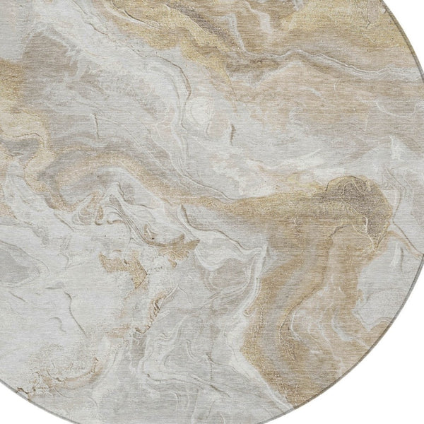 HomeRoots 5' Ivory and Beige Abstract Washable Area Rug - Durable, Stylish, and Perfect for Indoor/Outdoor Use 8' Round 617634