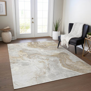 HomeRoots 5' Ivory and Beige Abstract Washable Area Rug - Durable, Stylish, and Perfect for Indoor/Outdoor Use 9' X 12' 617636