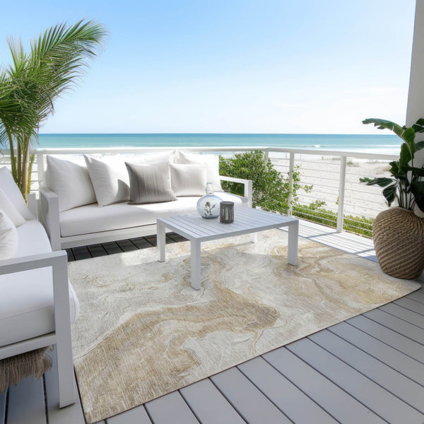 HomeRoots 5' Ivory and Beige Abstract Washable Area Rug - Durable, Stylish, and Perfect for Indoor/Outdoor Use 10' X 14' 617637