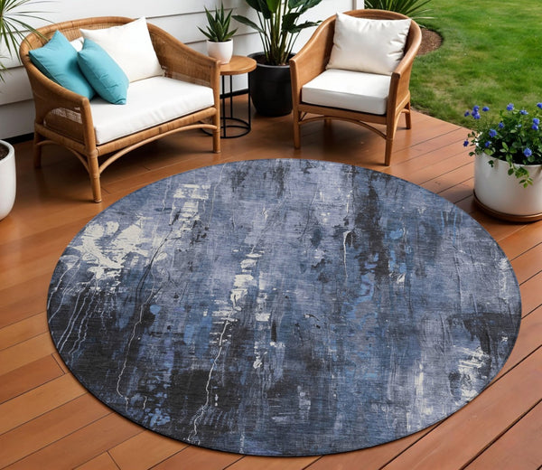 HomeRoots 5' Blue and Ivory Abstract Area Rug - Stylish, Durable, and Washable for Indoor/Outdoor Use 8' Round 617652