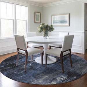 HomeRoots 5' Blue and Ivory Abstract Area Rug - Stylish, Durable, and Washable for Indoor/Outdoor Use 8' Round 617652