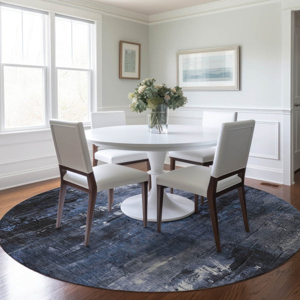 HomeRoots 5' Blue and Ivory Abstract Area Rug - Stylish, Durable, and Washable for Indoor/Outdoor Use 8' Round 617652