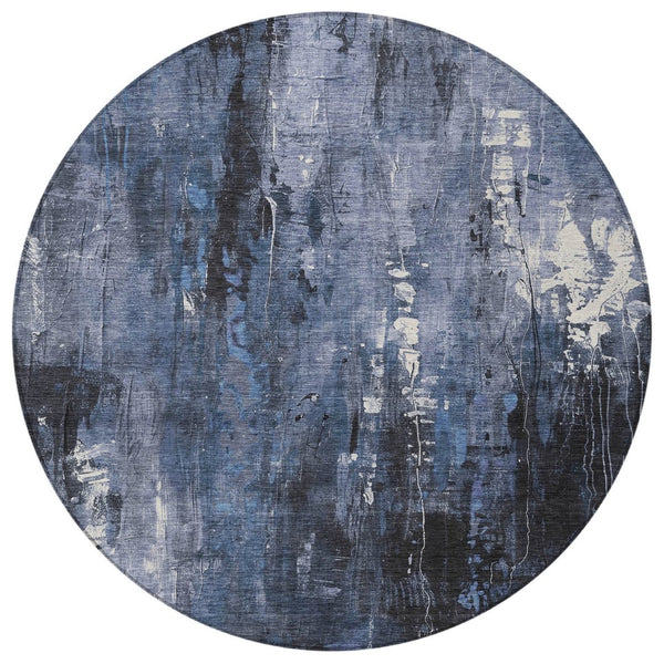 HomeRoots 5' Blue and Ivory Abstract Area Rug - Stylish, Durable, and Washable for Indoor/Outdoor Use 8' Round 617652