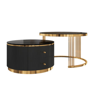 English Elm Modern Round Nesting Coffee Table Set with Gold Pedestal Legs and Storage Drawers Black N735P349323B
