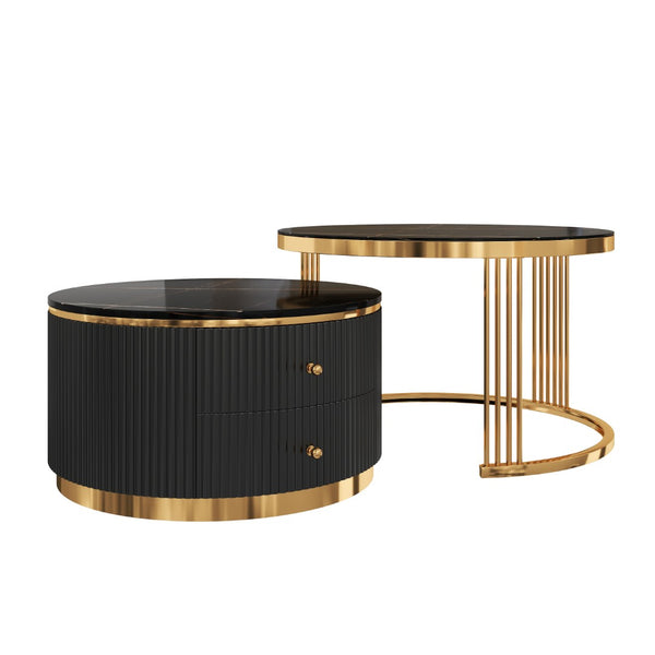 English Elm Modern Round Nesting Coffee Table Set with Gold Pedestal Legs and Storage Drawers Black N735P349323B