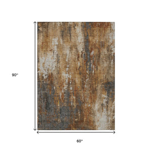 HomeRoots 5' Durable Abstract Area Rug in Rust Gray and Ivory - Washable for Indoor and Outdoor Use 5' X 8' 617663