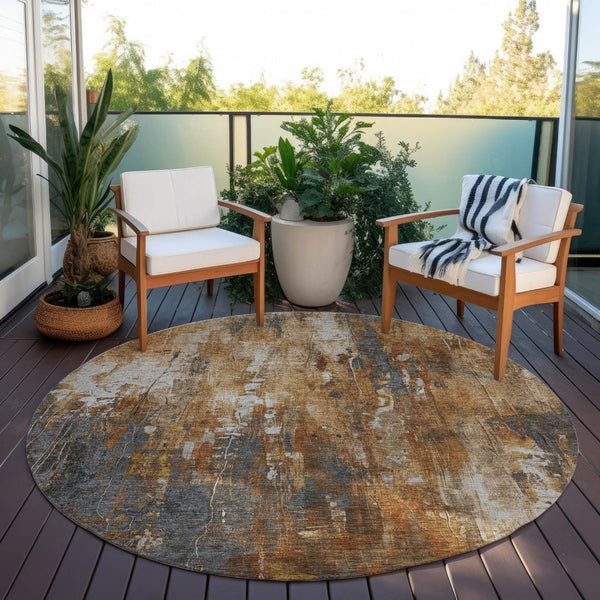 HomeRoots 5' Durable Abstract Area Rug in Rust Gray and Ivory - Washable for Indoor and Outdoor Use 8' Round 617664