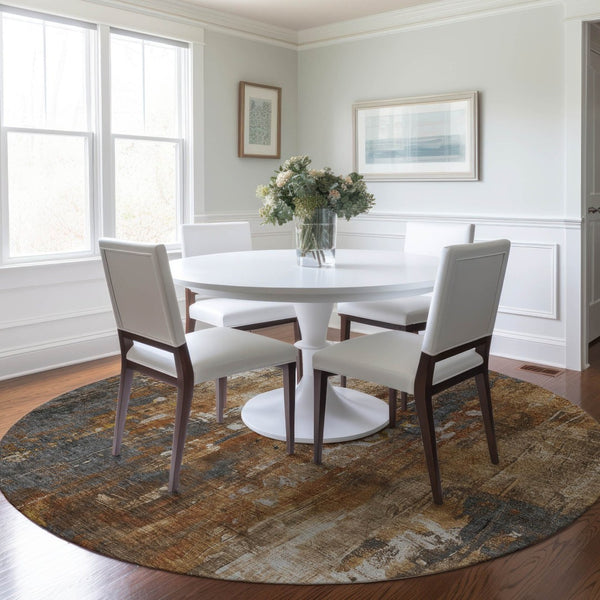 HomeRoots 5' Durable Abstract Area Rug in Rust Gray and Ivory - Washable for Indoor and Outdoor Use 8' Round 617664