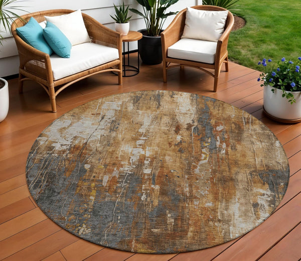 HomeRoots 5' Durable Abstract Area Rug in Rust Gray and Ivory - Washable for Indoor and Outdoor Use 8' Round 617664