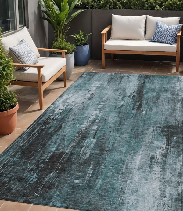 HomeRoots 5' Stylish Teal Blue Gray Ivory Abstract Washable Indoor Outdoor Area Rug for Modern Spaces 5' X 8' 617669