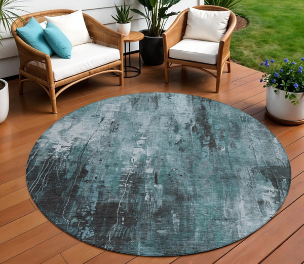 HomeRoots 5' Stylish Teal Blue Gray Ivory Abstract Washable Indoor Outdoor Area Rug for Modern Spaces 8' Round 617670