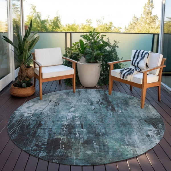 HomeRoots 5' Stylish Teal Blue Gray Ivory Abstract Washable Indoor Outdoor Area Rug for Modern Spaces 8' Round 617670