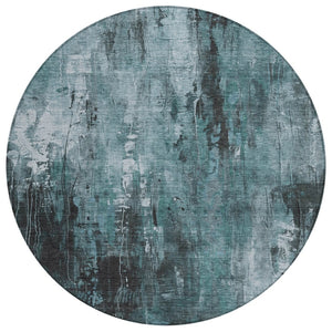 HomeRoots 5' Stylish Teal Blue Gray Ivory Abstract Washable Indoor Outdoor Area Rug for Modern Spaces 8' Round 617670