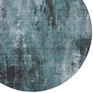HomeRoots 5' Stylish Teal Blue Gray Ivory Abstract Washable Indoor Outdoor Area Rug for Modern Spaces 8' Round 617670