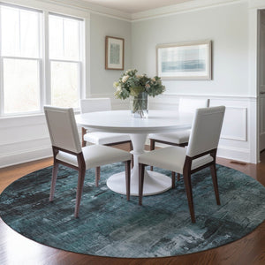 HomeRoots 5' Stylish Teal Blue Gray Ivory Abstract Washable Indoor Outdoor Area Rug for Modern Spaces 8' Round 617670