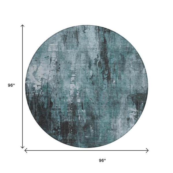 HomeRoots 5' Stylish Teal Blue Gray Ivory Abstract Washable Indoor Outdoor Area Rug for Modern Spaces 8' Round 617670