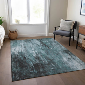 HomeRoots 5' Stylish Teal Blue Gray Ivory Abstract Washable Indoor Outdoor Area Rug for Modern Spaces 9' X 12' 617672