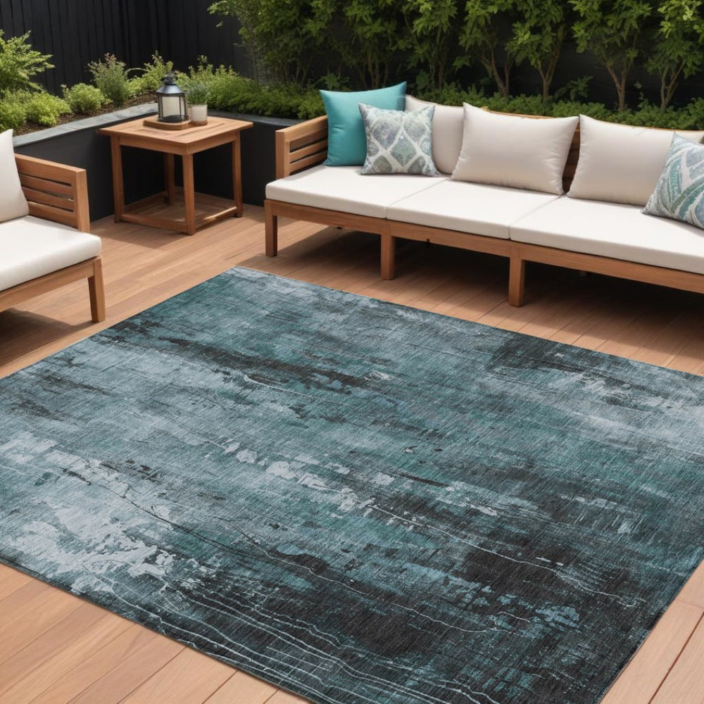 HomeRoots 5' Stylish Teal Blue Gray Ivory Abstract Washable Indoor Outdoor Area Rug for Modern Spaces 10' X 14' 617673