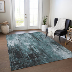 HomeRoots 5' Stylish Teal Blue Gray Ivory Abstract Washable Indoor Outdoor Area Rug for Modern Spaces 10' X 14' 617673