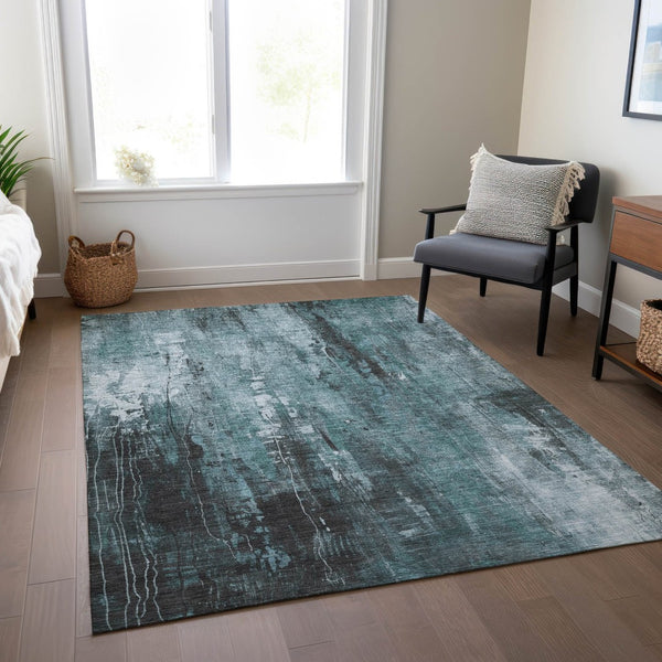 HomeRoots 5' Stylish Teal Blue Gray Ivory Abstract Washable Indoor Outdoor Area Rug for Modern Spaces 10' X 14' 617673