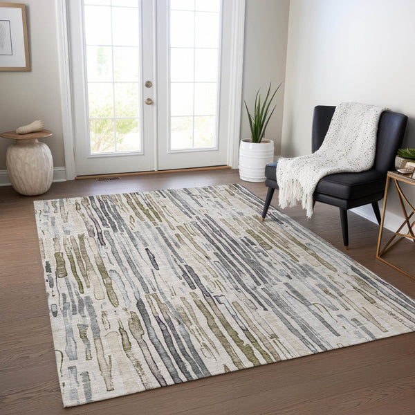HomeRoots 5' Versatile Beige and Gray Striped Area Rug - Machine Washable, Durable for Indoor and Outdoor Use 5' X 8' 617687