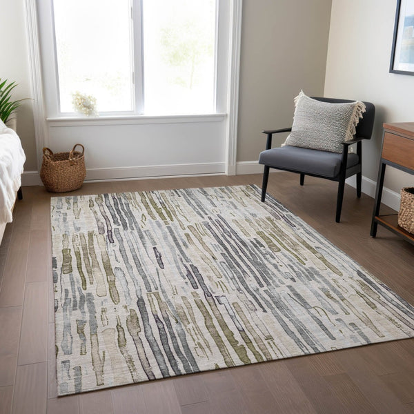 HomeRoots 5' Versatile Beige and Gray Striped Area Rug - Machine Washable, Durable for Indoor and Outdoor Use 9' X 12' 617690