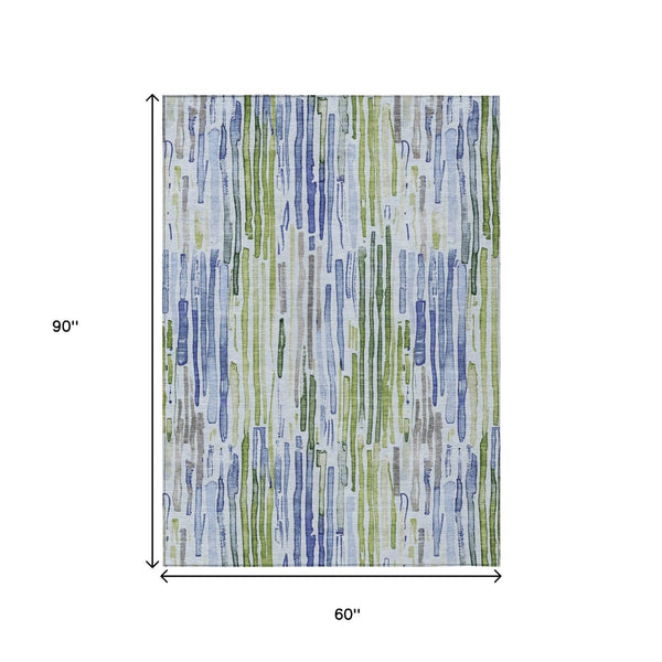 HomeRoots 5' Striped Washable Indoor Outdoor Area Rug in Sky Blue and Fern Green – Durable and Stylish Décor 5' X 8' 617693