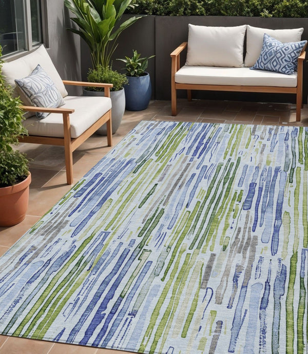 HomeRoots 5' Striped Washable Indoor Outdoor Area Rug in Sky Blue and Fern Green – Durable and Stylish Décor 5' X 8' 617693