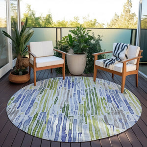 HomeRoots 5' Striped Washable Indoor Outdoor Area Rug in Sky Blue and Fern Green – Durable and Stylish Décor 8' Round 617694