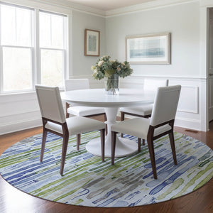 HomeRoots 5' Striped Washable Indoor Outdoor Area Rug in Sky Blue and Fern Green – Durable and Stylish Décor 8' Round 617694