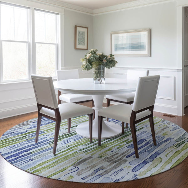 HomeRoots 5' Striped Washable Indoor Outdoor Area Rug in Sky Blue and Fern Green – Durable and Stylish Décor 8' Round 617694