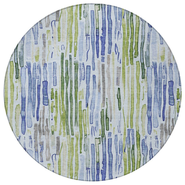 HomeRoots 5' Striped Washable Indoor Outdoor Area Rug in Sky Blue and Fern Green – Durable and Stylish Décor 8' Round 617694