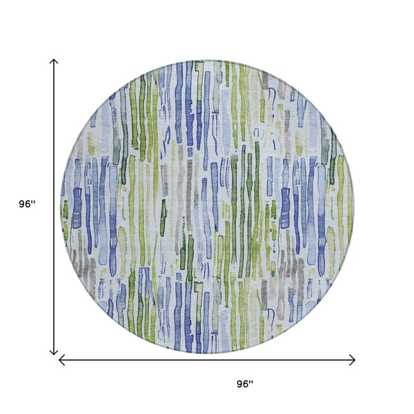 HomeRoots 5' Striped Washable Indoor Outdoor Area Rug in Sky Blue and Fern Green – Durable and Stylish Décor 8' Round 617694