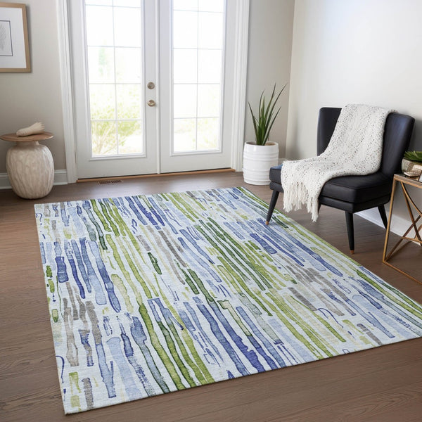 HomeRoots 5' Striped Washable Indoor Outdoor Area Rug in Sky Blue and Fern Green – Durable and Stylish Décor 8' X 10' 617695