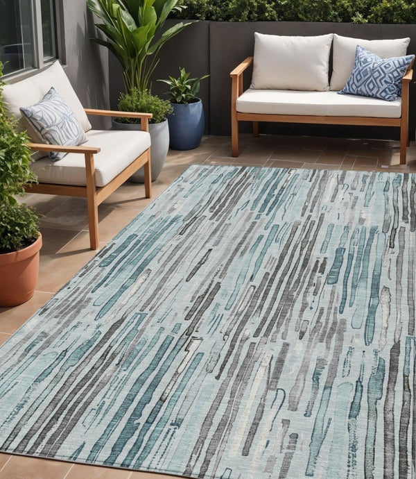 HomeRoots 5' Durable Teal Blue and Gray Striped Area Rug - Stylish, Washable, Indoor & Outdoor Comfort Solution 5' X 8' 617699