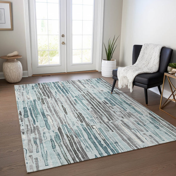 HomeRoots 5' Durable Teal Blue and Gray Striped Area Rug - Stylish, Washable, Indoor & Outdoor Comfort Solution 5' X 8' 617699