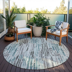 HomeRoots 5' Durable Teal Blue and Gray Striped Area Rug - Stylish, Washable, Indoor & Outdoor Comfort Solution 8' Round 617700