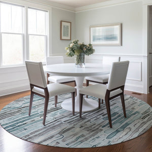 HomeRoots 5' Durable Teal Blue and Gray Striped Area Rug - Stylish, Washable, Indoor & Outdoor Comfort Solution 8' Round 617700