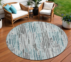 HomeRoots 5' Durable Teal Blue and Gray Striped Area Rug - Stylish, Washable, Indoor & Outdoor Comfort Solution 8' Round 617700