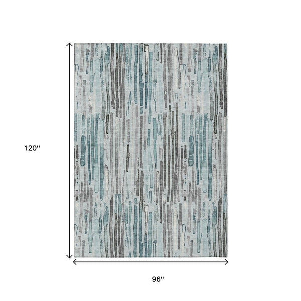 HomeRoots 5' Durable Teal Blue and Gray Striped Area Rug - Stylish, Washable, Indoor & Outdoor Comfort Solution 8' X 10' 617701