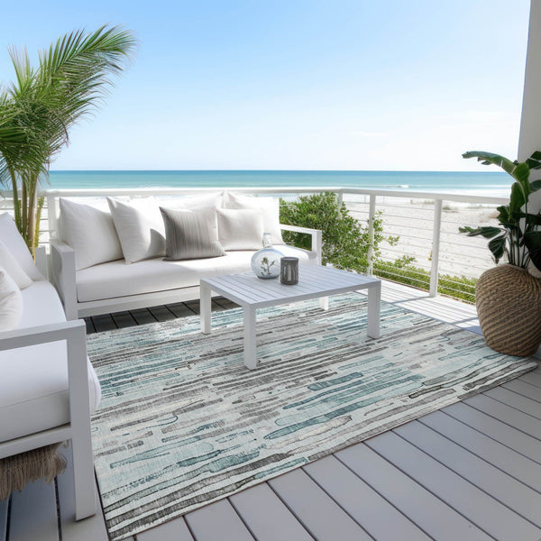 HomeRoots 5' Durable Teal Blue and Gray Striped Area Rug - Stylish, Washable, Indoor & Outdoor Comfort Solution 9' X 12' 617702